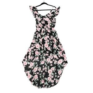 As U Wish Black Pink Floral High Low Cold Shoulder Dress Romantic Boho Indie M